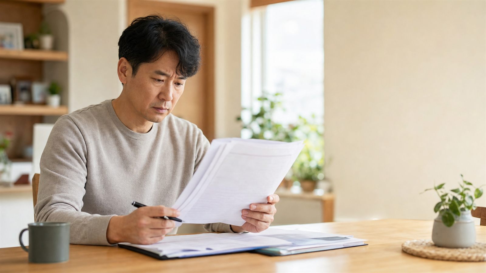 집에서 펜을 들고 실손보험 갱신 안내문과 약관 서류를 살펴보는 40대 남성 — 4세대 실손 비급여 할증 단계 점검 장면