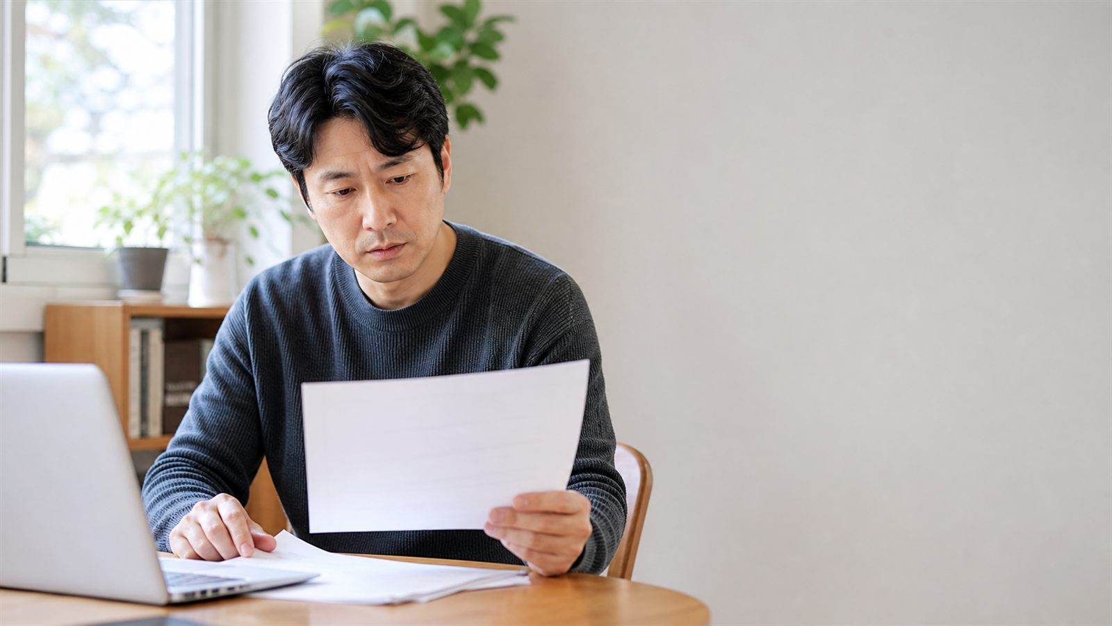 책상에서 보험 서류와 노트북으로 도수치료 실손 청구 내역을 확인하는 모습