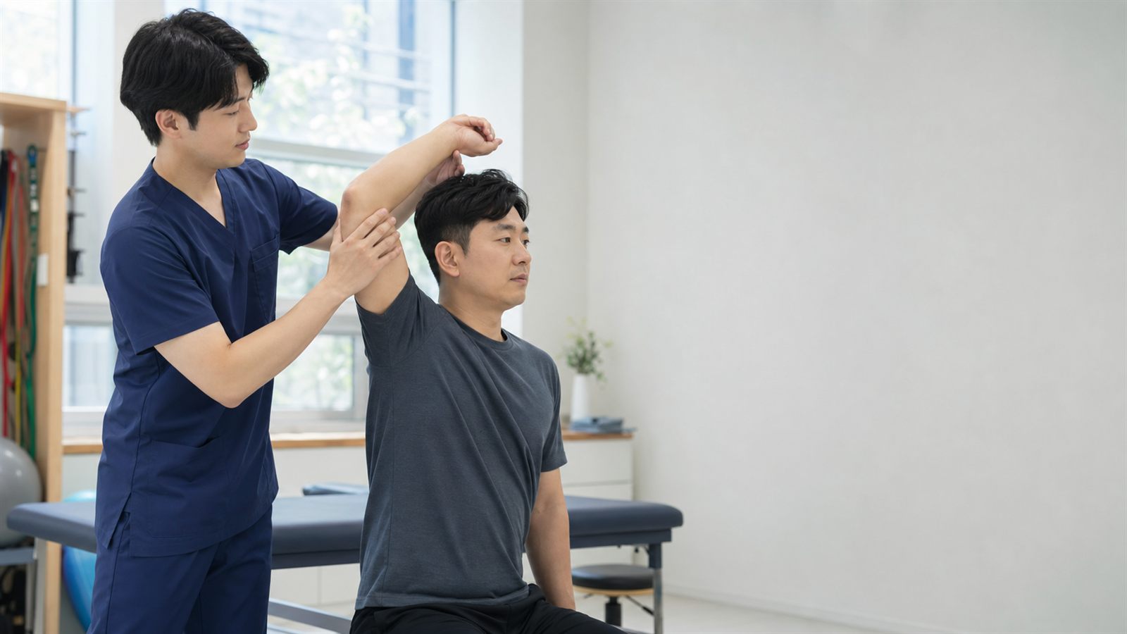 물리치료실의 진료 베드와 차트, 안내 책자가 놓인 정돈된 데스크 분위기