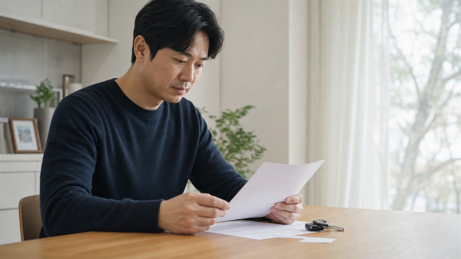 집에서 운전자보험 약관 서류를 검토하는 30대 한국인 남성