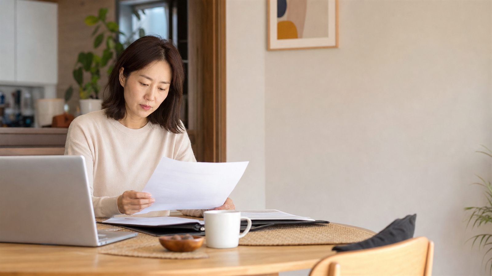 집에서 노트북과 암보험 가입설계서를 펼쳐 유사암 보장 내용을 확인하는 한국인 여성