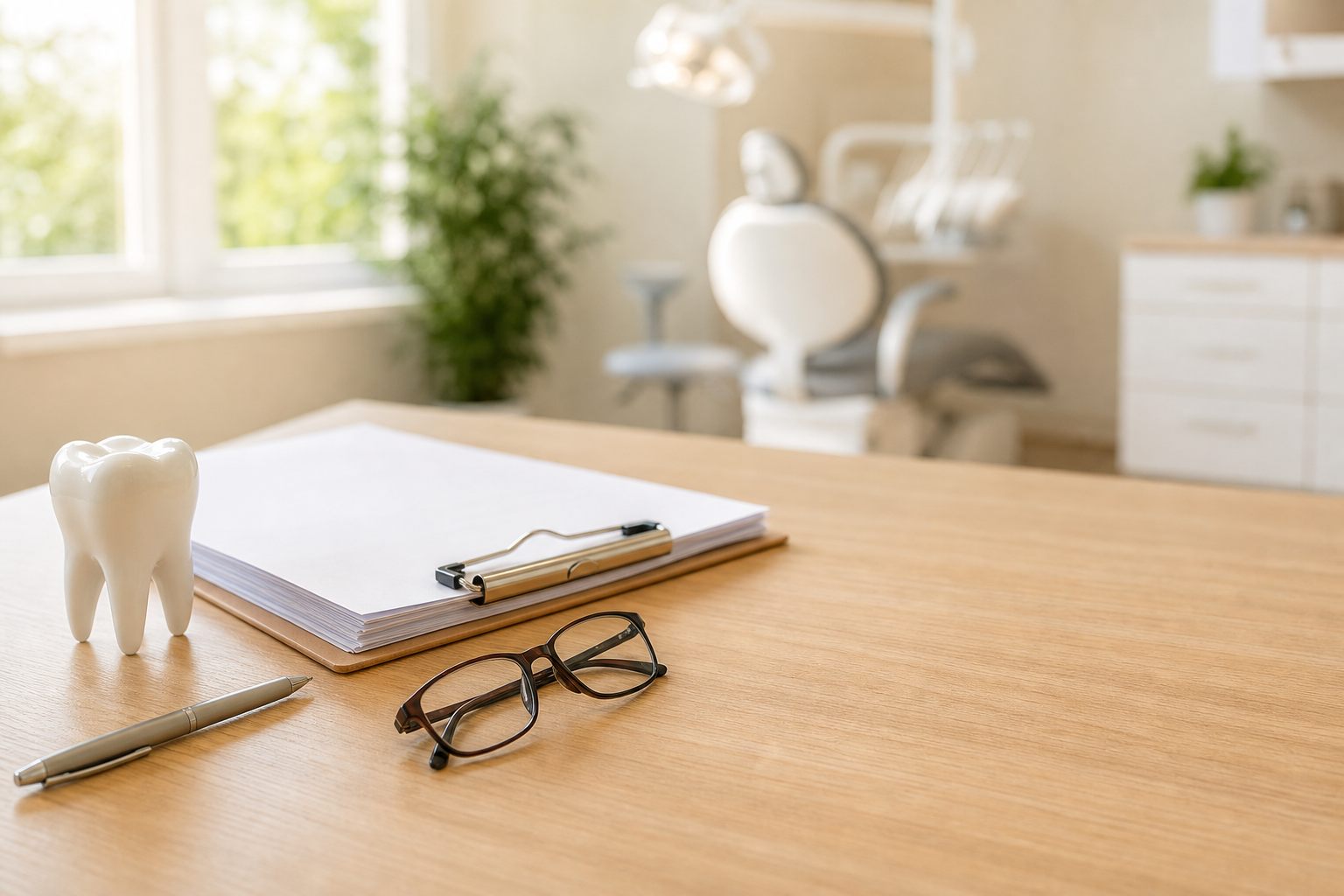 치과 상담 데스크 위에 놓인 서류와 치아 모형 — 임플란트 대상자 등록을 준비하는 장면
